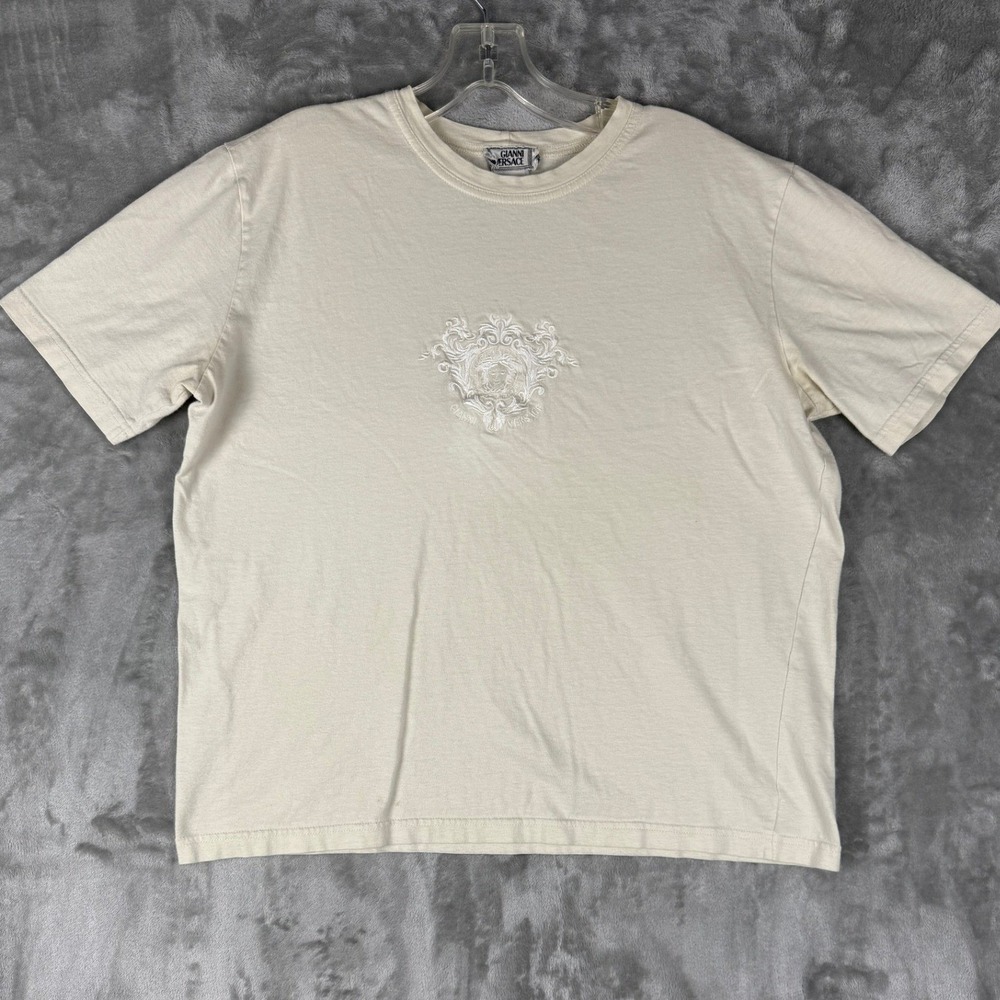 Vintage Gianni Versace Mens Cream Medusa Embroidered T Shirt Size Large